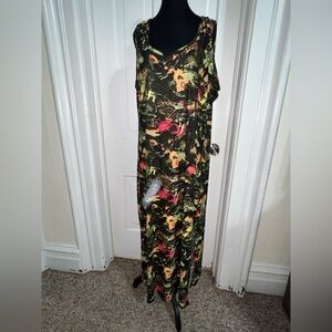 Women’s plus size 3X dress Rouge Helium Black and Orange Patterned Maxi Dress